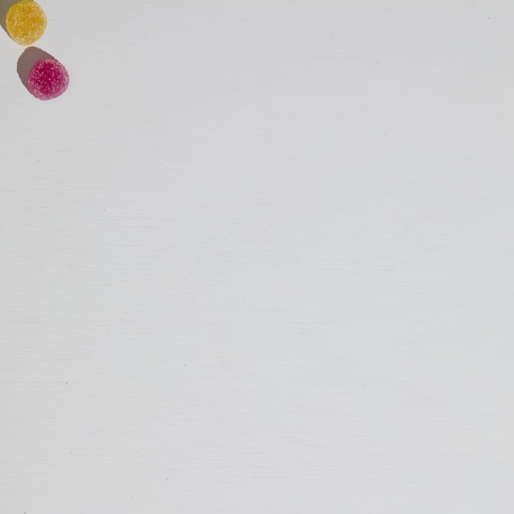 A stop motion animation of he Provacan Complete CBD Oil, Capsules and 6 colourful CBD Gummies coming into frame on a plain white background.